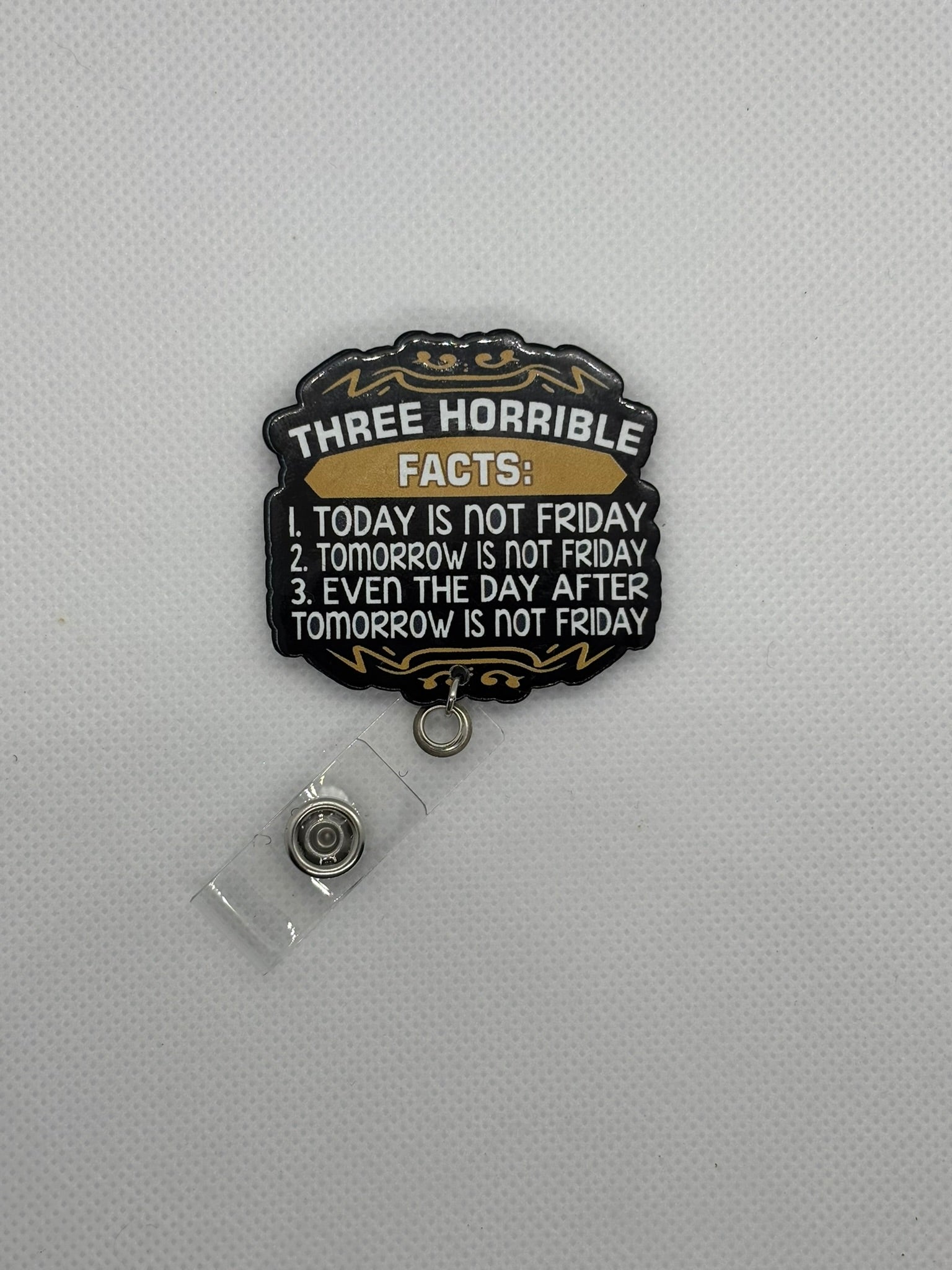 Black “Three Horrible Facts” Badge Face