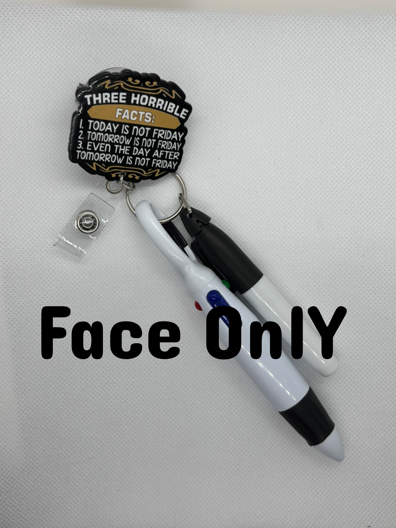 Black “Three Horrible Facts” Badge Face