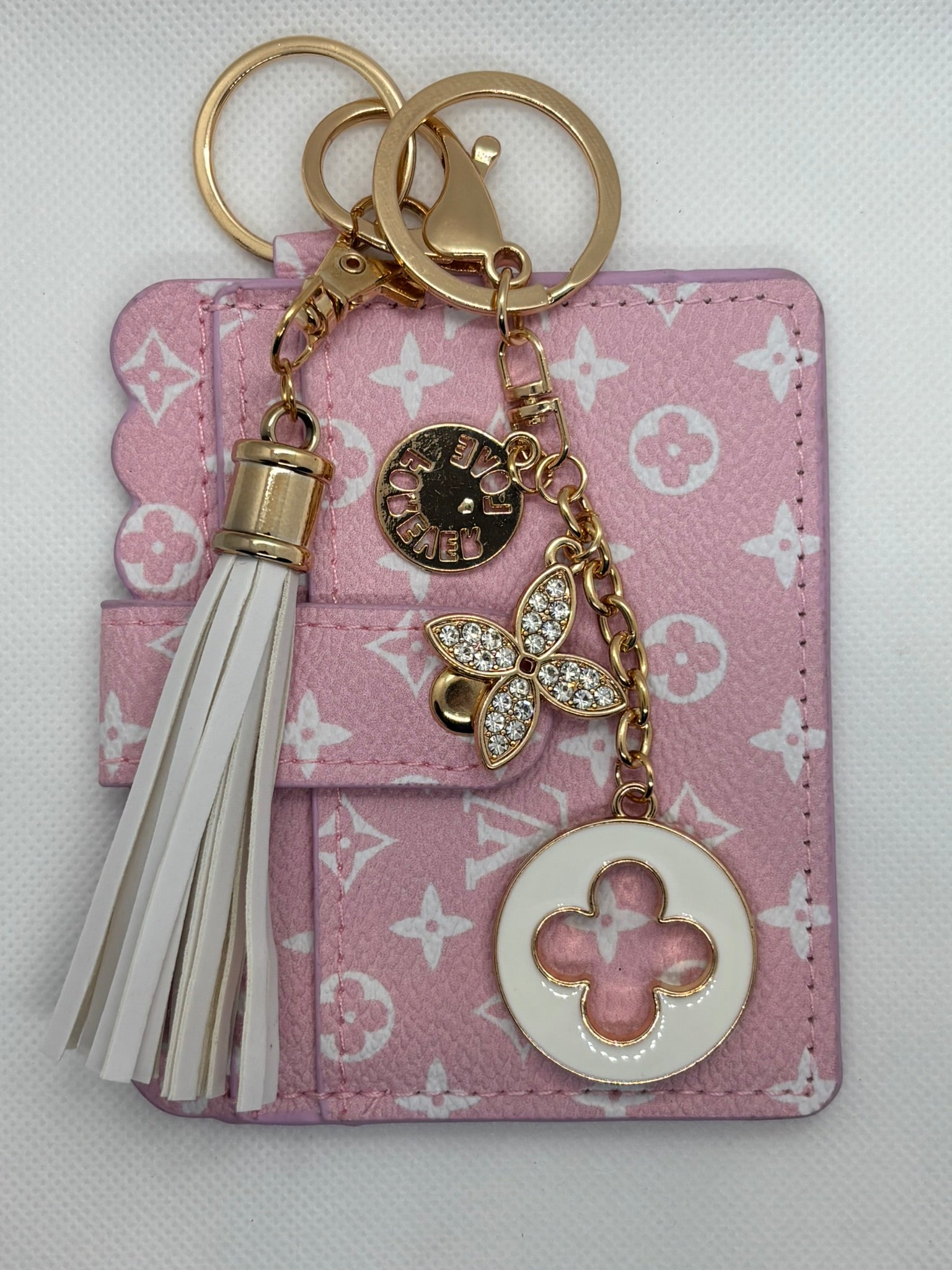 LV PINK WALLET WITH WHITE LV KEYCHAIN