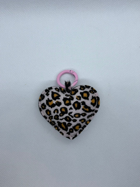 PINK FELT LEOPARD HEART KEYCHAIN